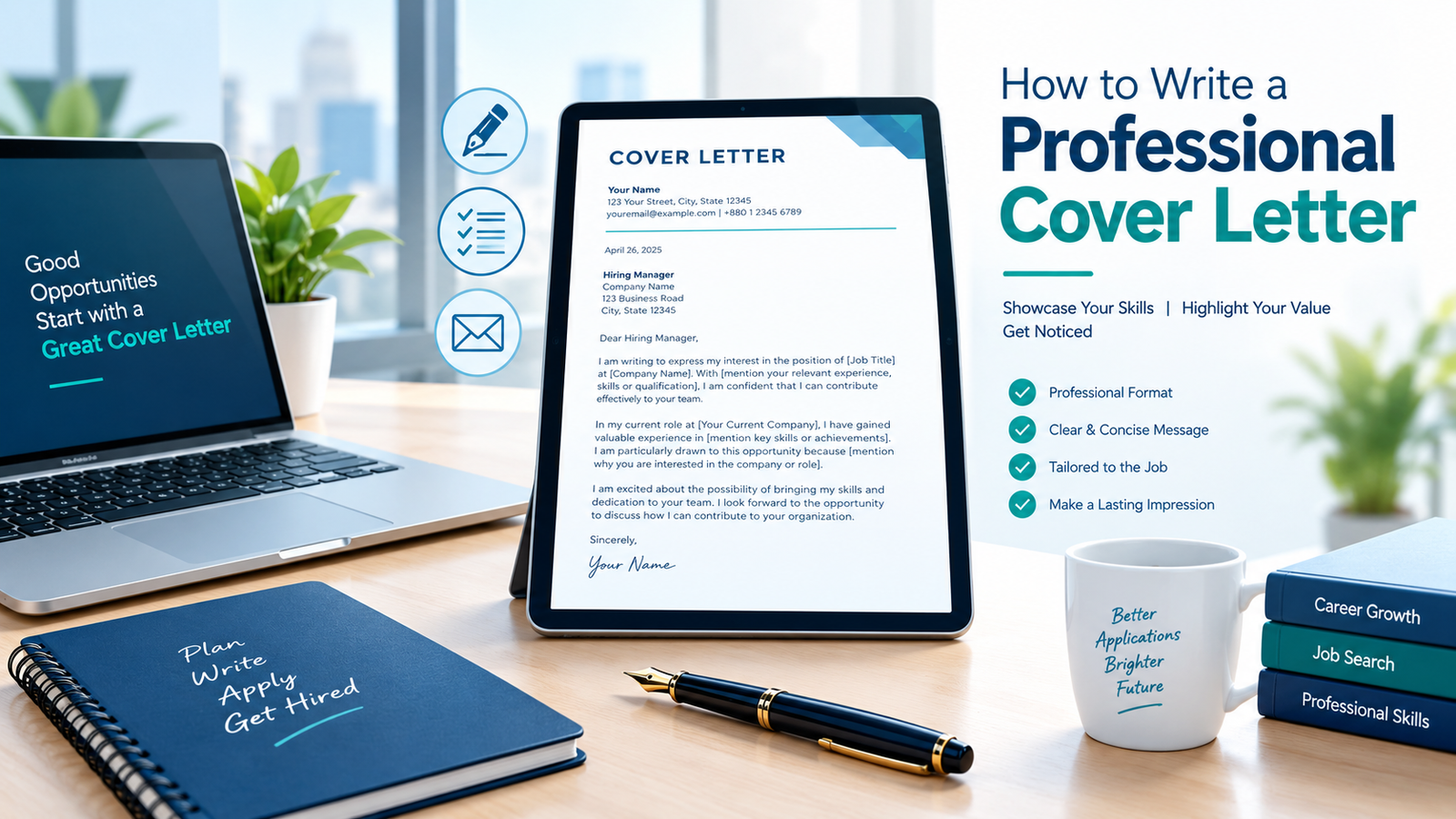 A professional cover letter format for a first job or a career change.